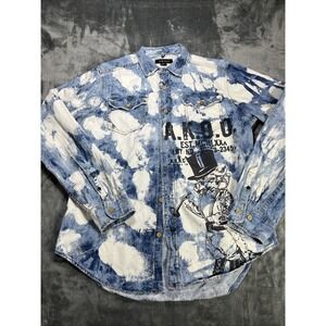 AKOO Shirt Men L Graphic Logo Bleached Long Sleeve Button Up Hip Hop Y2K Retro